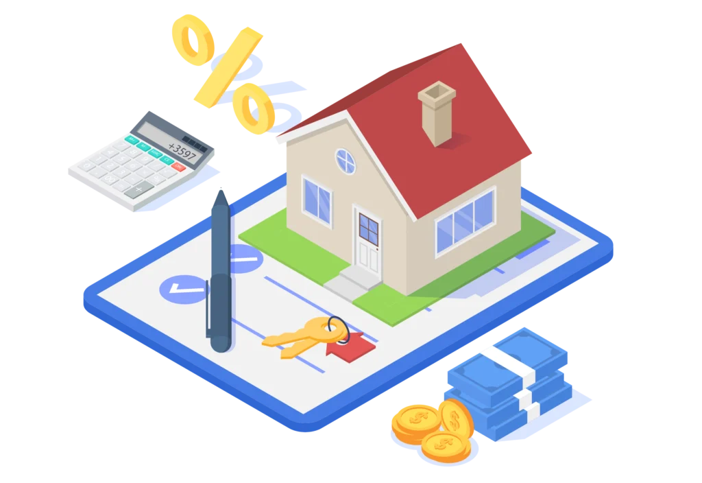 Conventional mortgage calculator mortgage calculator: A house on top of a contract with calculator money and percentag sign
